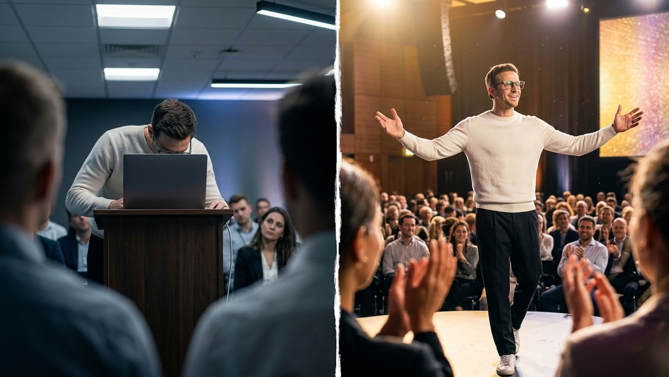 Split-screen comparison. Left (Before): a presenter hunched over a podium, face lit by a laptop screen, reading notes frantically, ignoring the audience, cool muted tones. Right (After with PitchBoost): the same presenter standing centre-stage, arms open, wearing G2 glasses, looking confidently at the crowd, warm vivid tones