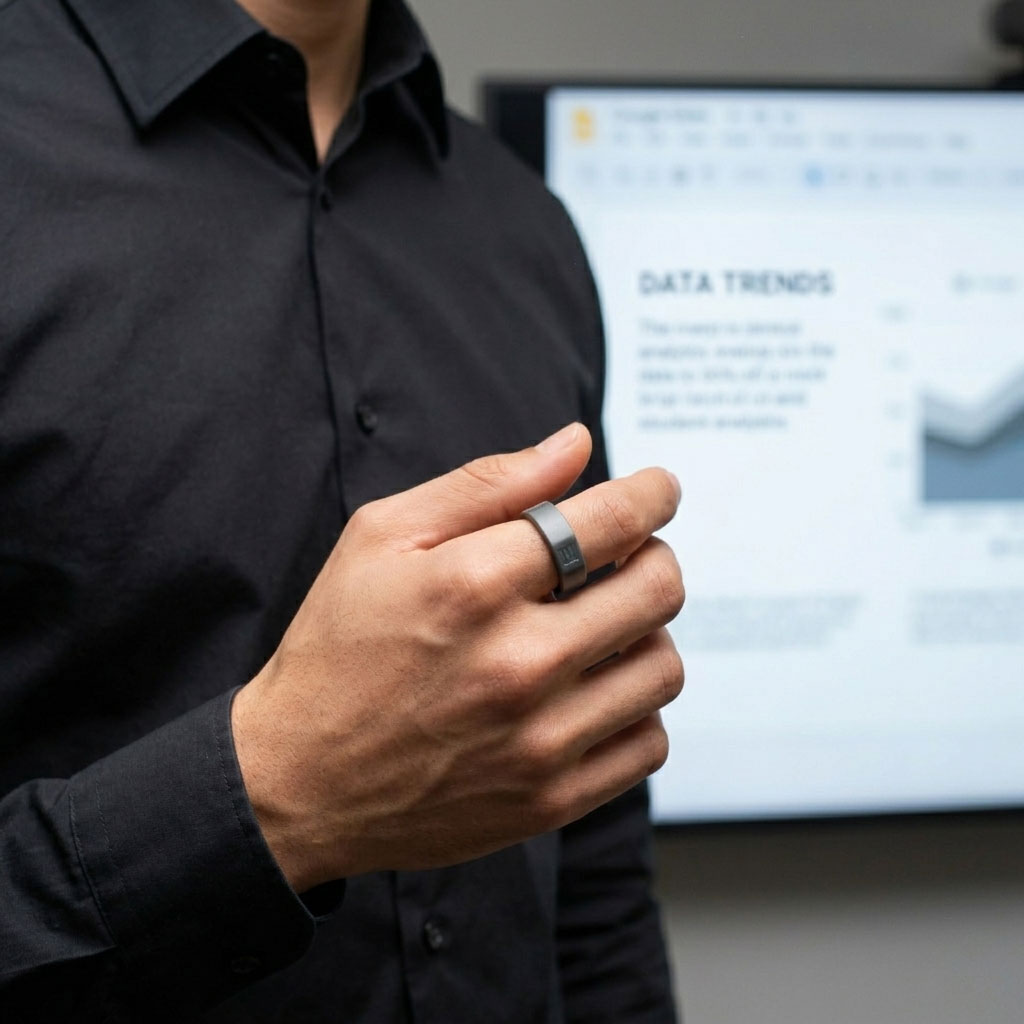 Close-up of a presenter's relaxed hand, thumb discreetly tapping the Even Ring mid-gesture, with a PowerPoint, Keynote, or Google Slides presentation softly blurred in the background