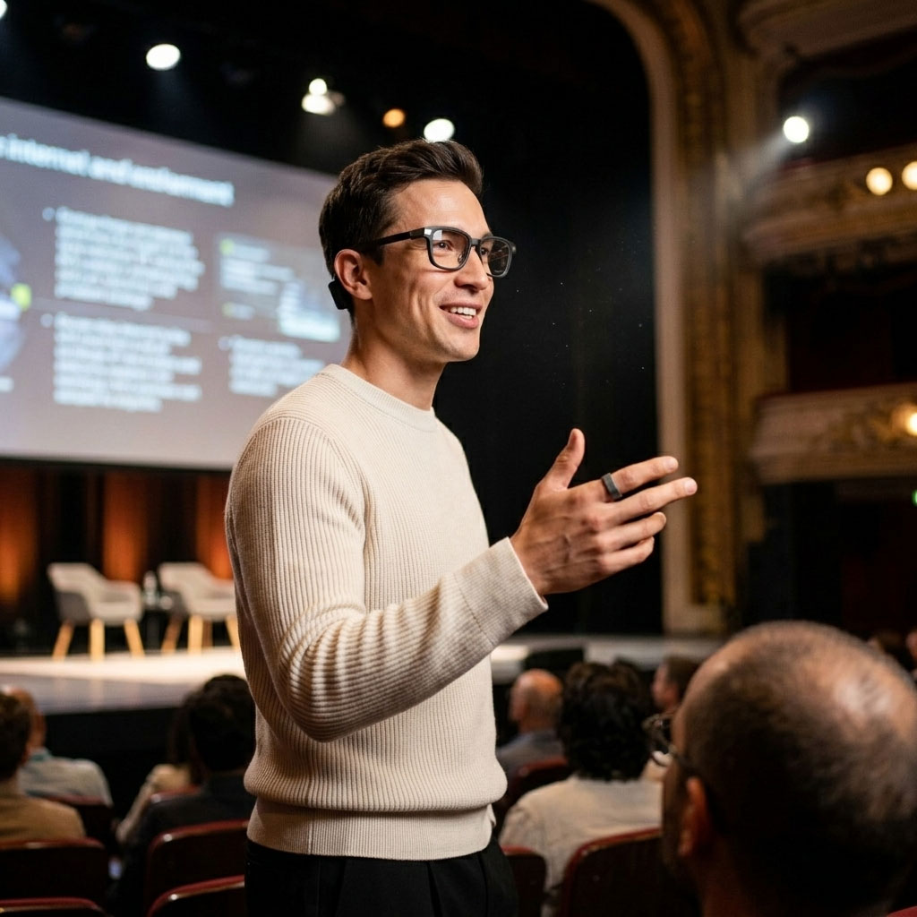 Confident presenter on stage wearing Even Realities G2 glasses, smiling, looking directly at the audience, no laptop or clicker in sight