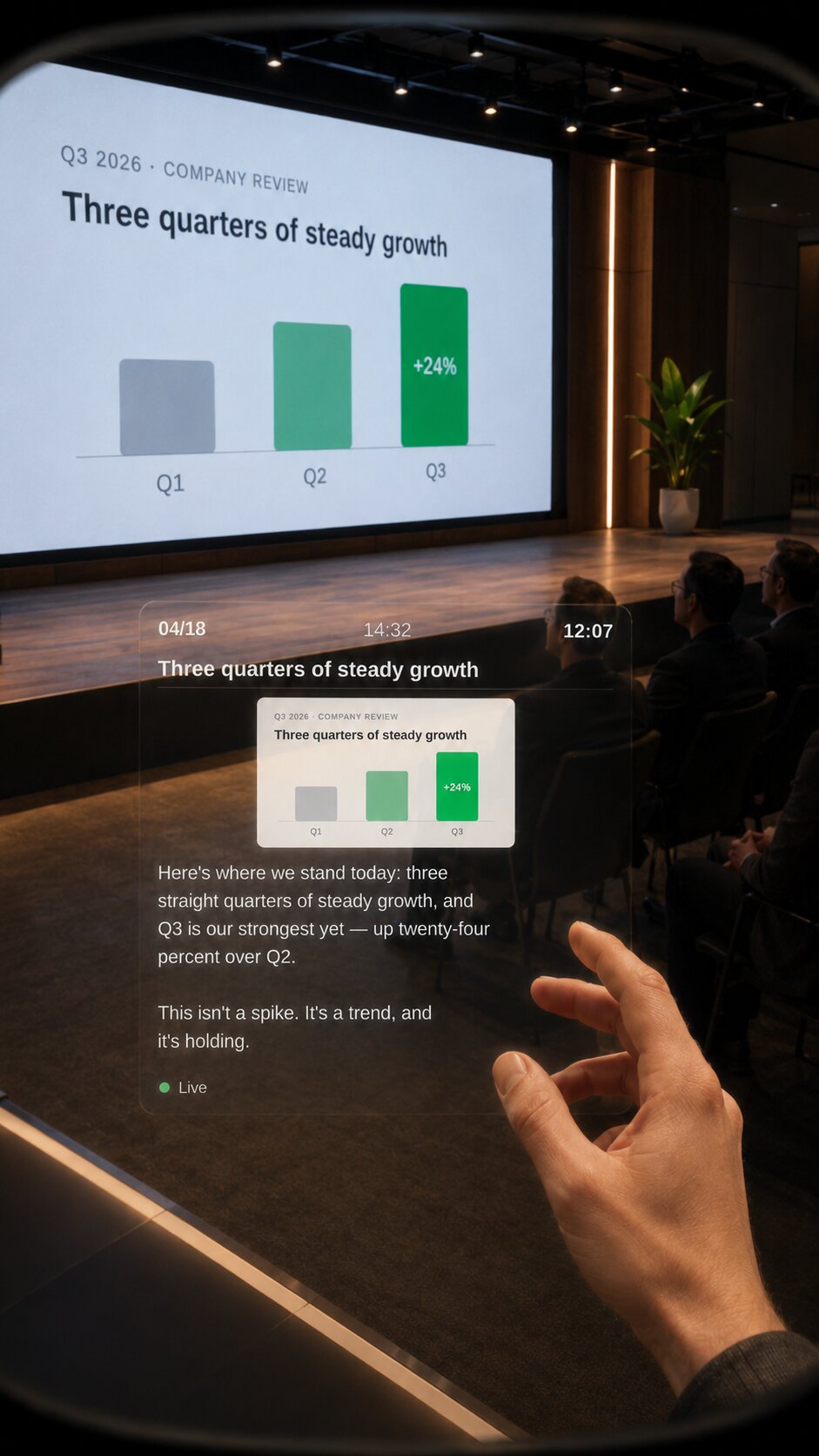 Point-of-view through the Meta Ray-Ban Display: a conference room with a slide on the big screen and the audience, and the PitchBoost teleprompter overlay in the foreground — slide counter, clock and timer, the slide title, a slide thumbnail and the speaker-notes script — with a hand making a Neural Band gesture.