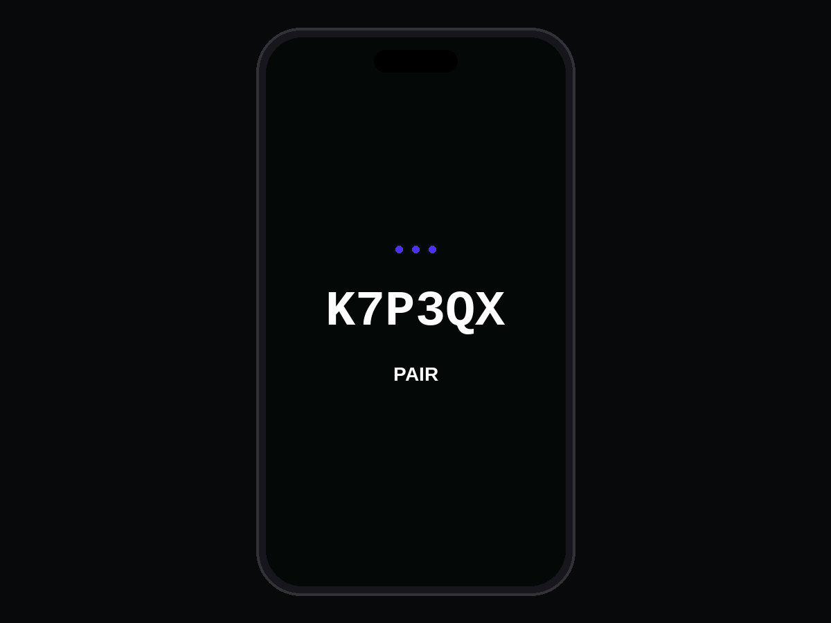 Phone screen showing the 6-character pairing code K7P3QX